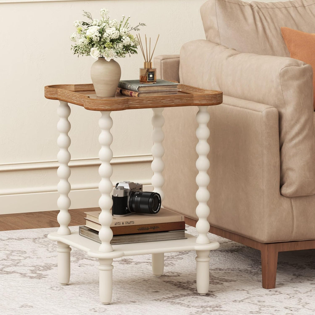 Function Home Square Side Table, 2 Tier Farmhouse End Table with Open Shelf, 17.7" French Country Nightstand for Living Room Bedroom Small Space, Handcraft Natural Tray Top & Vintage White Spindle Leg