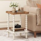 Function Home Square Side Table, 2 Tier Farmhouse End Table with Open Shelf, 17.7" French Country Nightstand for Living Room Bedroom Small Space, Handcraft Natural Tray Top & Vintage White Spindle Leg