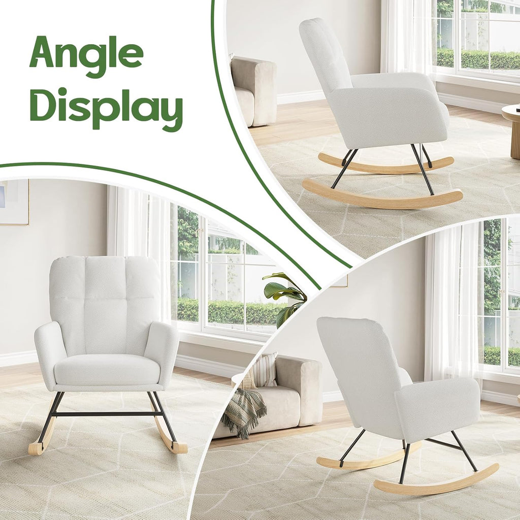 Nursery Rocking Chair Upholstered, High Backrest Glider Rocker Accent Chair with Padded Removable Cushion Comfy Nursing Chair for Living Room Bedroom Office, White Grey