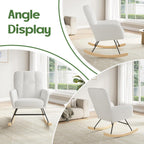 Nursery Rocking Chair Upholstered, High Backrest Glider Rocker Accent Chair with Padded Removable Cushion Comfy Nursing Chair for Living Room Bedroom Office, White Grey