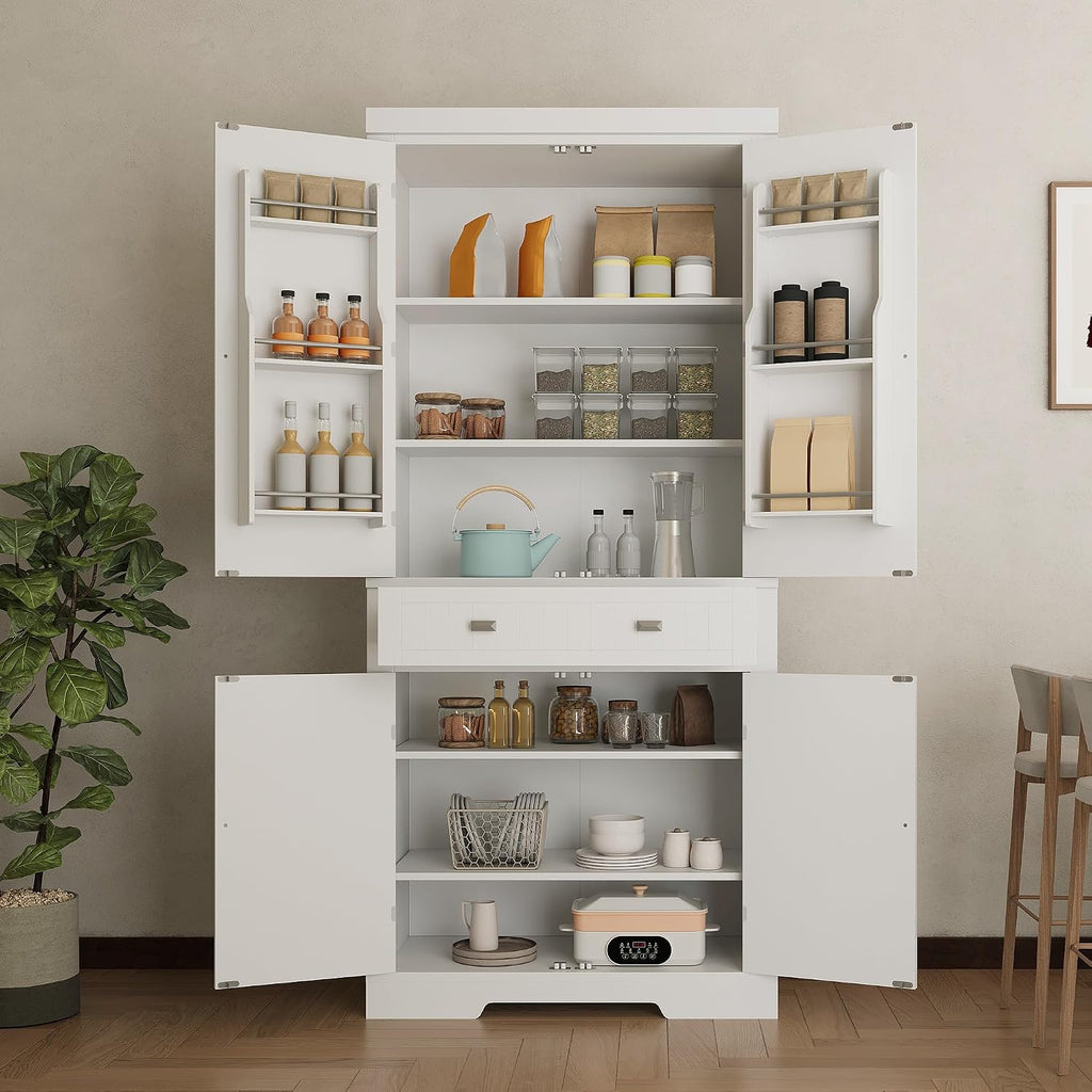 GAOMON 72in Tall Kitchen Pantry Cabinet, Farmhouse Large Cupboard Storage Cabinet with Adjustable Shelves 6 Door Racks for Living Dining Room Laundry,White