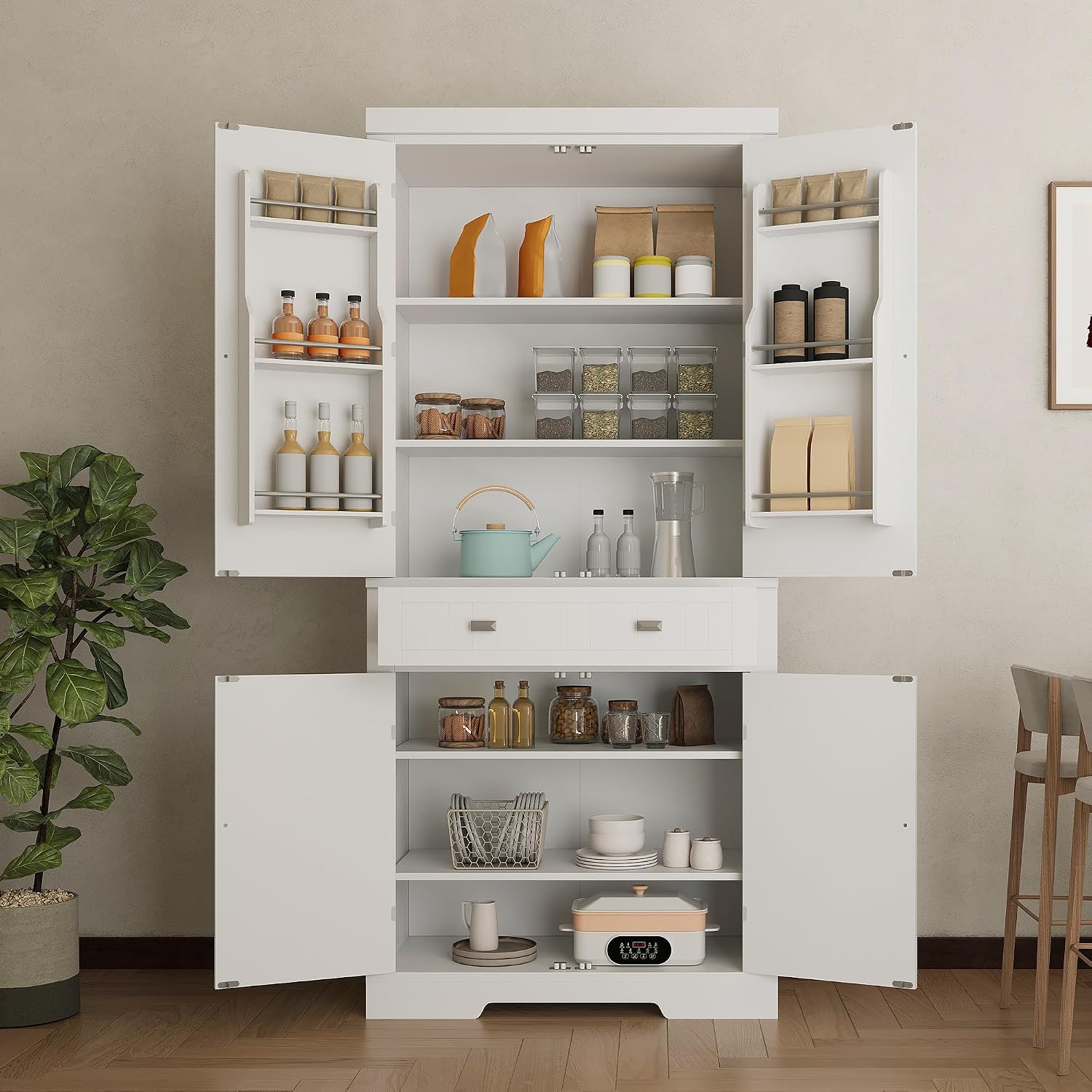 GAOMON 72in Tall Kitchen Pantry Cabinet, Farmhouse Large Cupboard Storage Cabinet with Adjustable Shelves 6 Door Racks for Living Dining Room Laundry,White