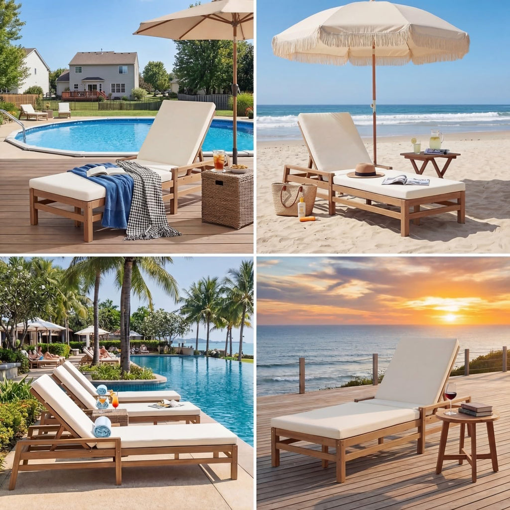 Outdoor Chaise Lounge Chair Set of 2, Patio Chaise Lounge Recliner with Adjustable Backrest, Acacia Wood Poolside Chaise Lounge with Thick All-Weather Cushions for Patio, Deck and Backyard(B)