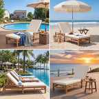 Outdoor Chaise Lounge Chair Set of 2, Patio Chaise Lounge Recliner with Adjustable Backrest, Acacia Wood Poolside Chaise Lounge with Thick All-Weather Cushions for Patio, Deck and Backyard(B)