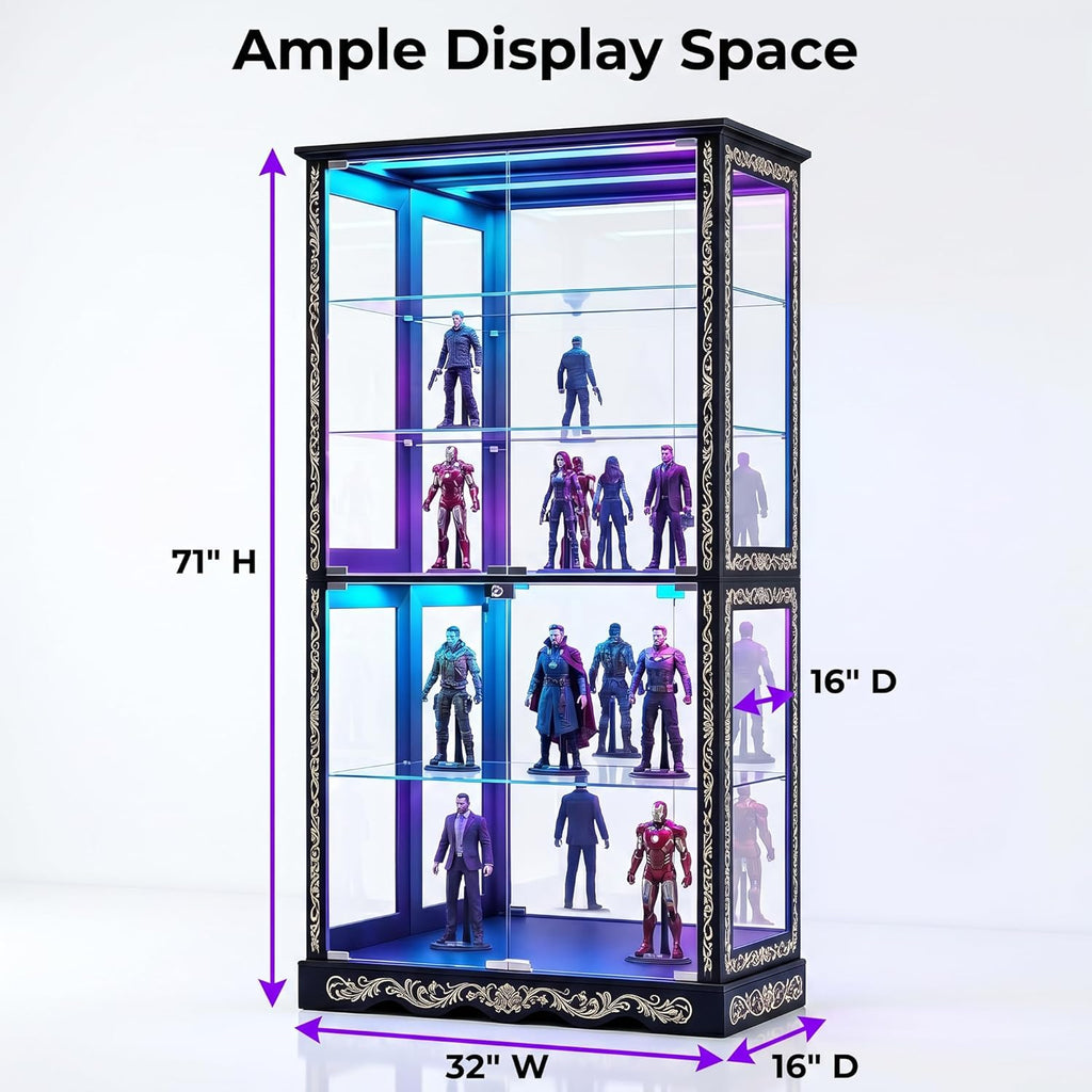 71" Tall Glass Door Display Cabinet, Curio Cabinet with RGB LED Lights, Lockable Showcase, Removable Shelves, for Collectibles, Figures, Medals and Books (2, Black)