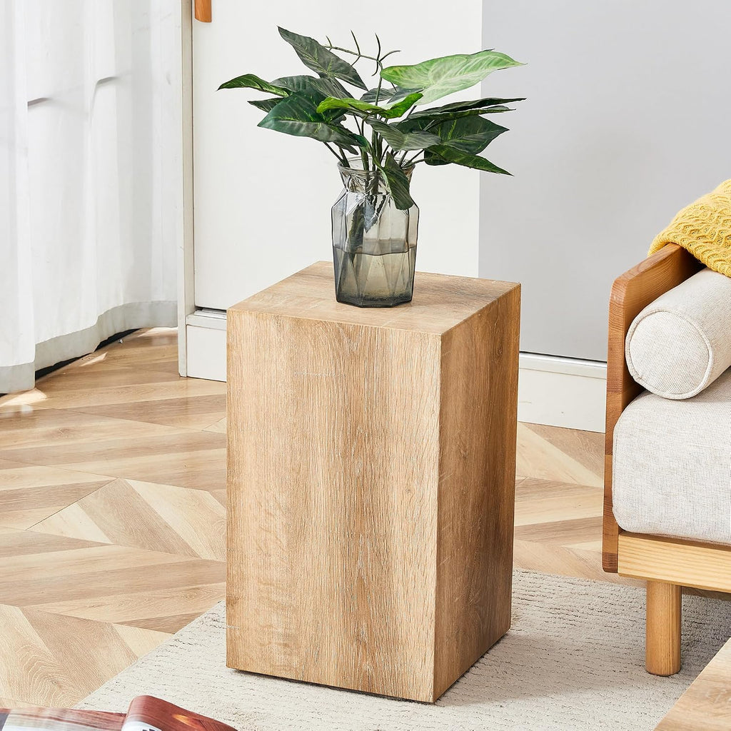Natural Wood Marble Texture Side Table, MDF End Table, 11.8 x 11.8 x 19.6 Inch, Rectangular Living Room Accent