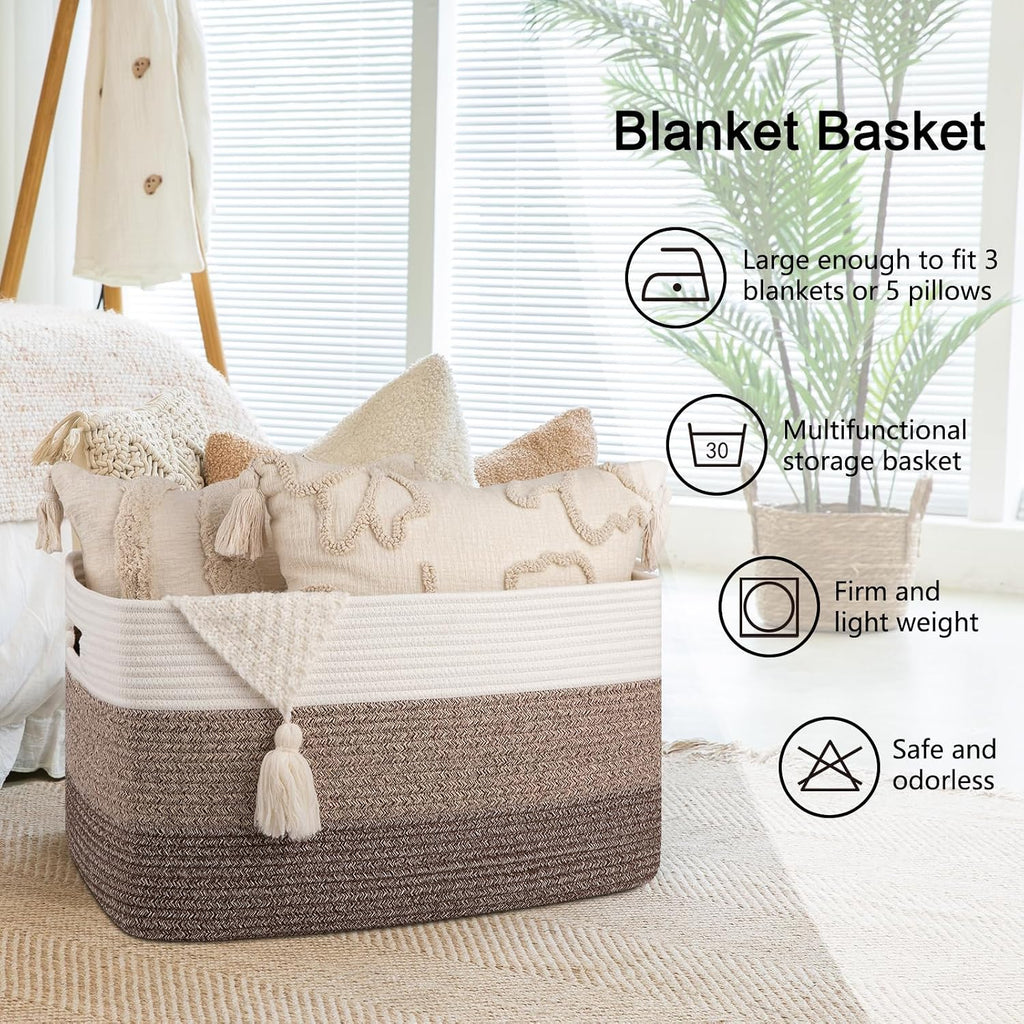 OIAHOMY Large Blanket Basket For Living Room, Rectangle Woven Baskets for Storage, Nursery Toy Storage With Handle-22”x17”x12”-Gradient Dark Brown
