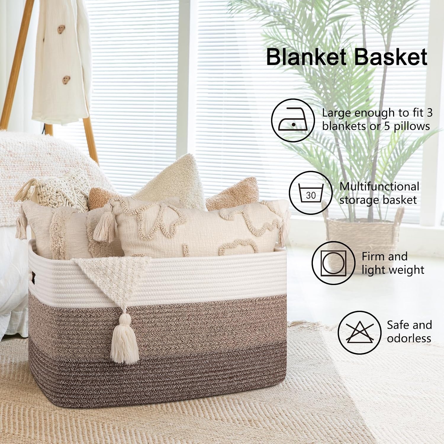 OIAHOMY Large Blanket Basket For Living Room, Rectangle Woven Baskets for Storage, Nursery Toy Storage With Handle-22”x17”x12”-Gradient Dark Brown