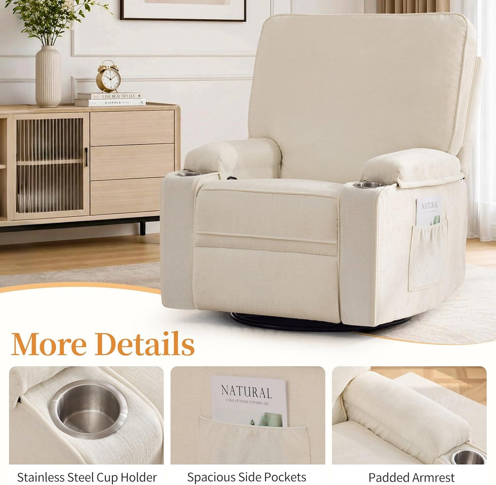 Korser Recliner Chair, Nursery Rocking Chairs for Adults, 360° Swivel Rocker Recliner with Cup Holder, Overstuffed Glider Rocking Chair for Living Room, Manual Recliner with Side Pockets, Chenille