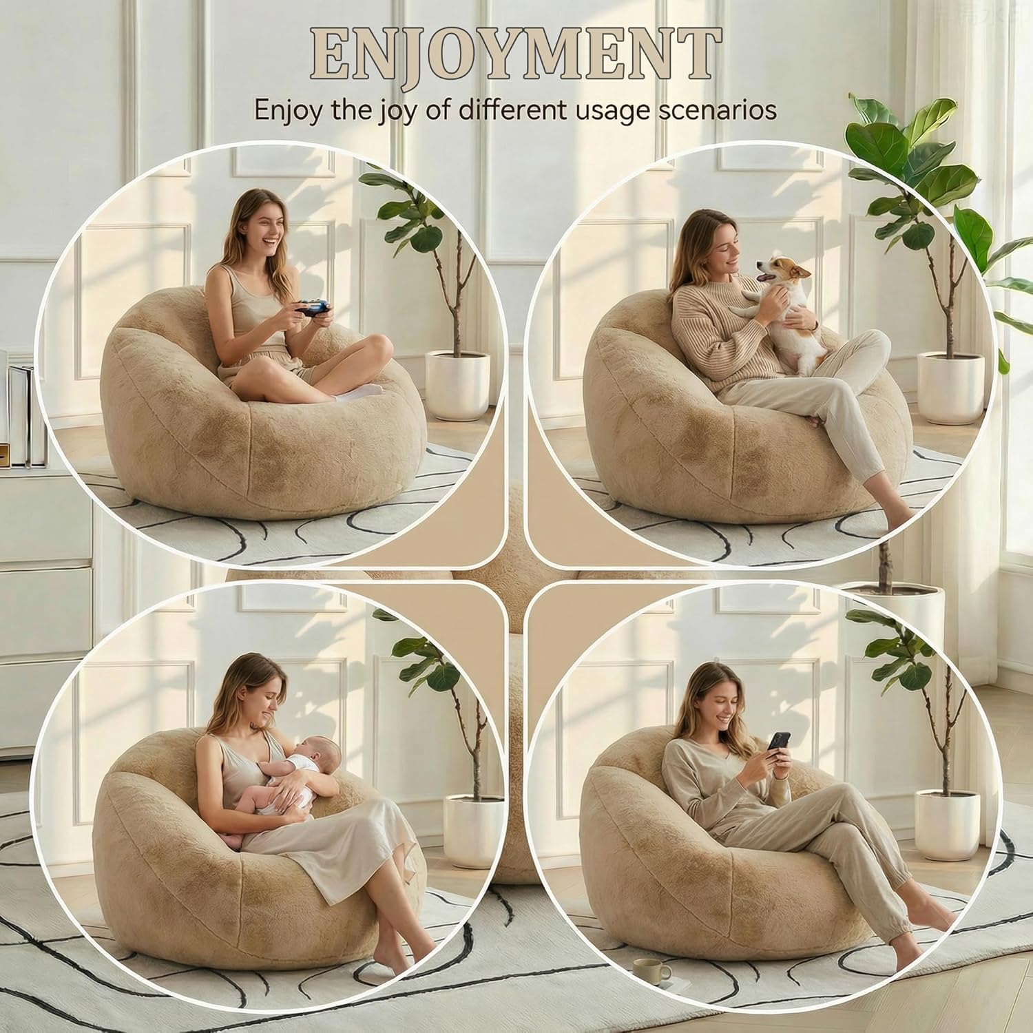 MOJAY Bean Bag Chair for Adults, Floral Shaped Bean Bags, Deep Sink-in Breathable Memory Foam Teen Bean Bag Chair, Easy to Clean Faux Fur Bean Bag Sofa, Comfy Chair for Living Room & Dorm (Camel)