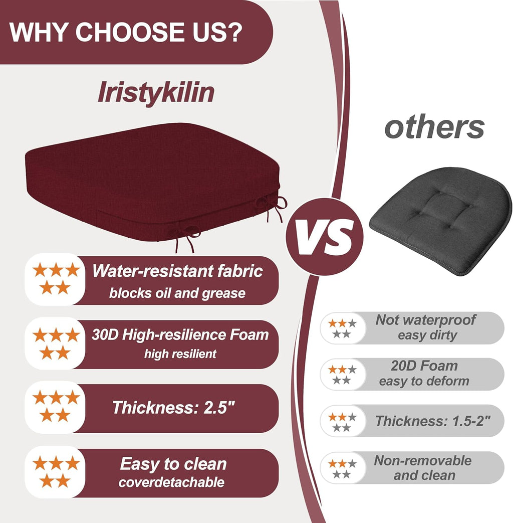 17'' x 16'' x 2.5"Thick Chair Cushions for Dining Chairs, 6 Pack WaterProof Easy Clean Kitchen Chair Pads with Ties and Non-Slip Backing - 30D High Elastic Foam Soft Kitchen Chair Cushions