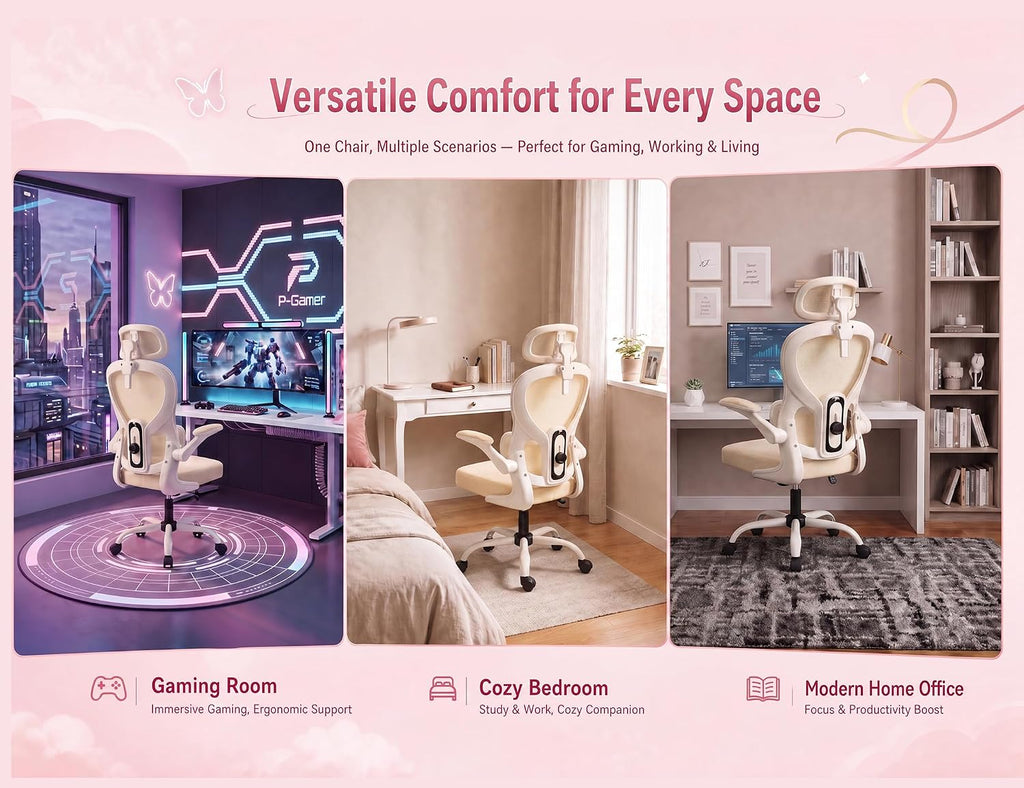High Back Mesh Office Chair, Ergonomic Chair with Adjustable Headrest, Lumbar Support & Flip-Up Arms, 330lbs Swivel Gaming Computer Chair (Beige)