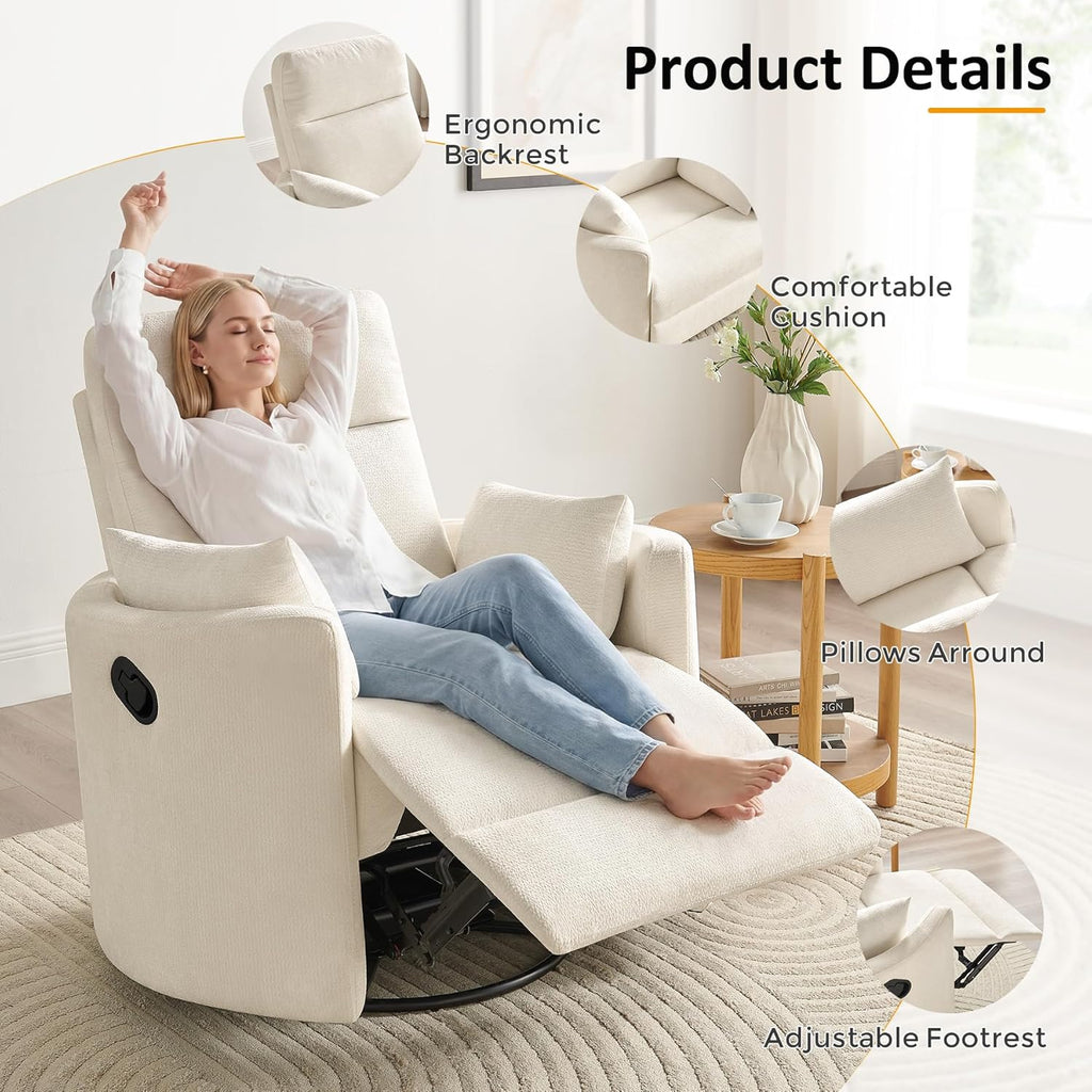 Nursery Rocking Chair, Oversized 360° Swivel Glider Recliner Chair, Chenille Silent Nursery Rocker with 2 Pillows and Footrest, Cozy Reclining Sofa for Living Room, Bedroom, Nursing, Beige