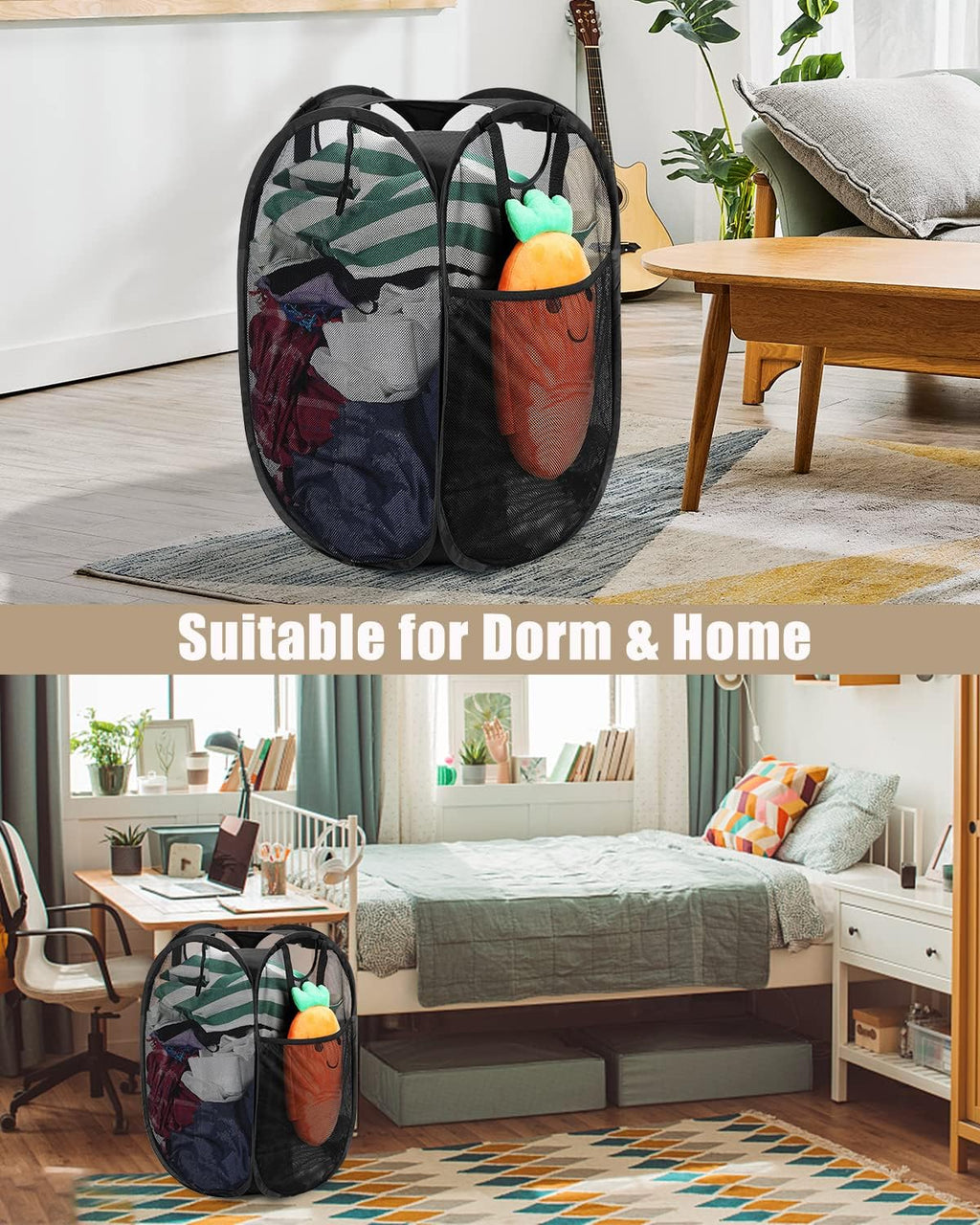 2 Pcs Strong Mesh Pop up Laundry Hamper,House Again Collapsible Laundry Basket with Durable Handles Solid Bottom High Carbon Steel Frame, Space-Saving, Easy to Open and Fold Flat for Storage(Black)