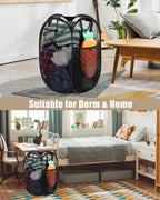2 Pcs Strong Mesh Pop up Laundry Hamper,House Again Collapsible Laundry Basket with Durable Handles Solid Bottom High Carbon Steel Frame, Space-Saving, Easy to Open and Fold Flat for Storage(Black)