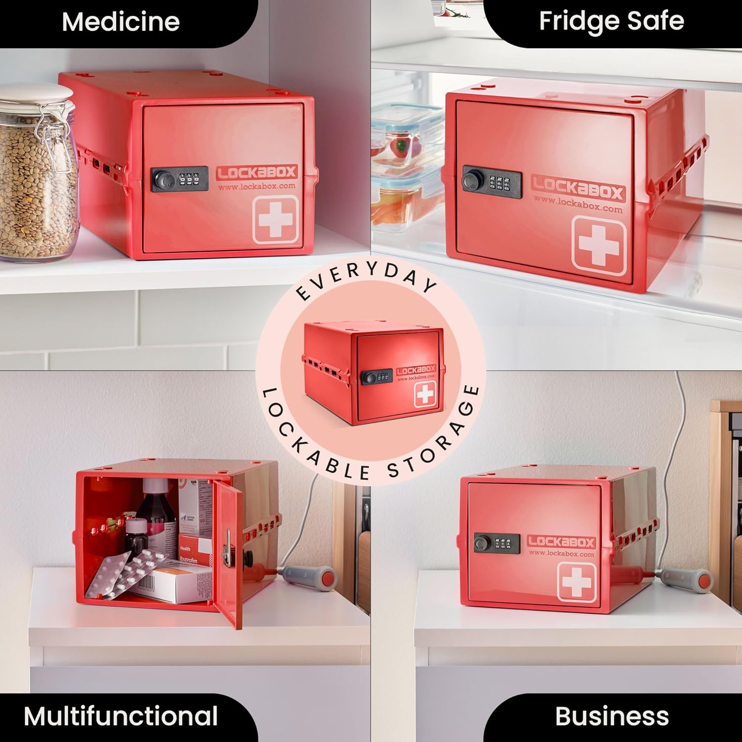 Lockabox One™ | Premium Medicine Lock Box | Medium Medication Lock Box With Code For Medicines, Vitamins & Supplements | External Size 12 x 8 x 6.6 inches (Medi Red)