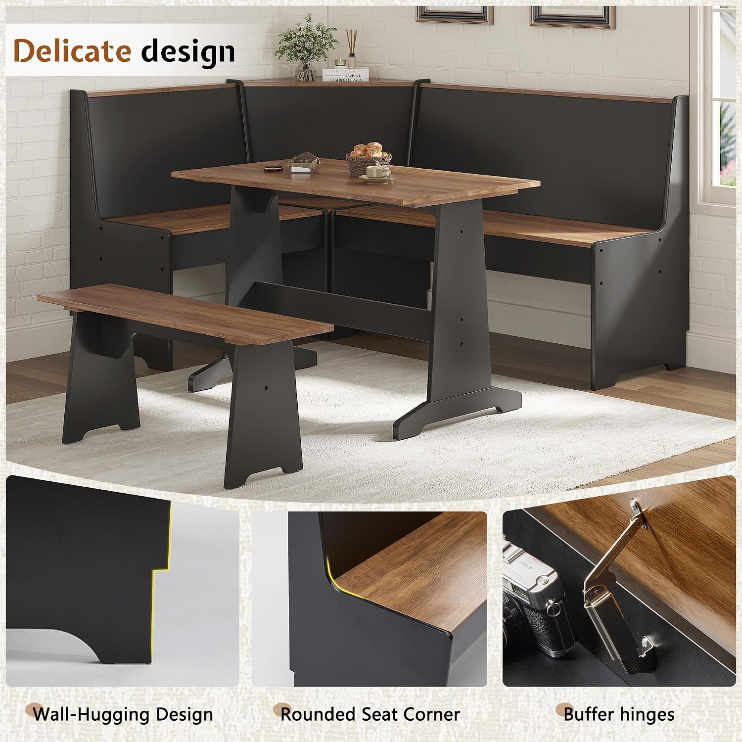 LUXOAK 3-Piece Corner Dining Set with Hidden Storage, Black Oak | Breakfast Nook, L-Shaped Corner Bench, Hidden Storage, Space Saving Design for Small Space, Kitchen Dining Room Furniture