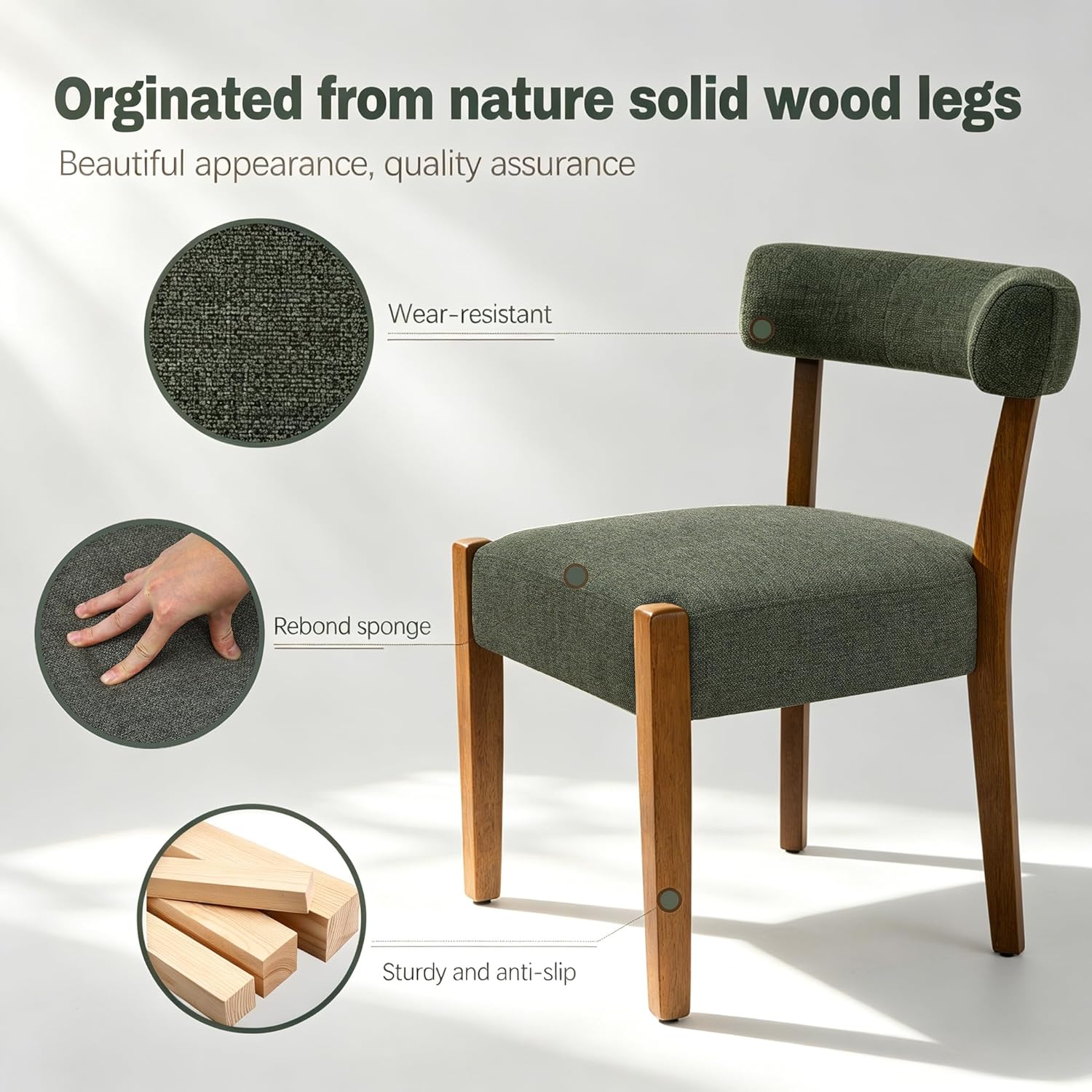 RNKSFX Upholstered Green Dining Chairs Set of 6, Walnut Wooden Kitchen & Dining Room Chairs, Mid Century Modern Fabric Farmhouse Dining Chairs Oversized Sturdy Rounded Chairs Curved Back