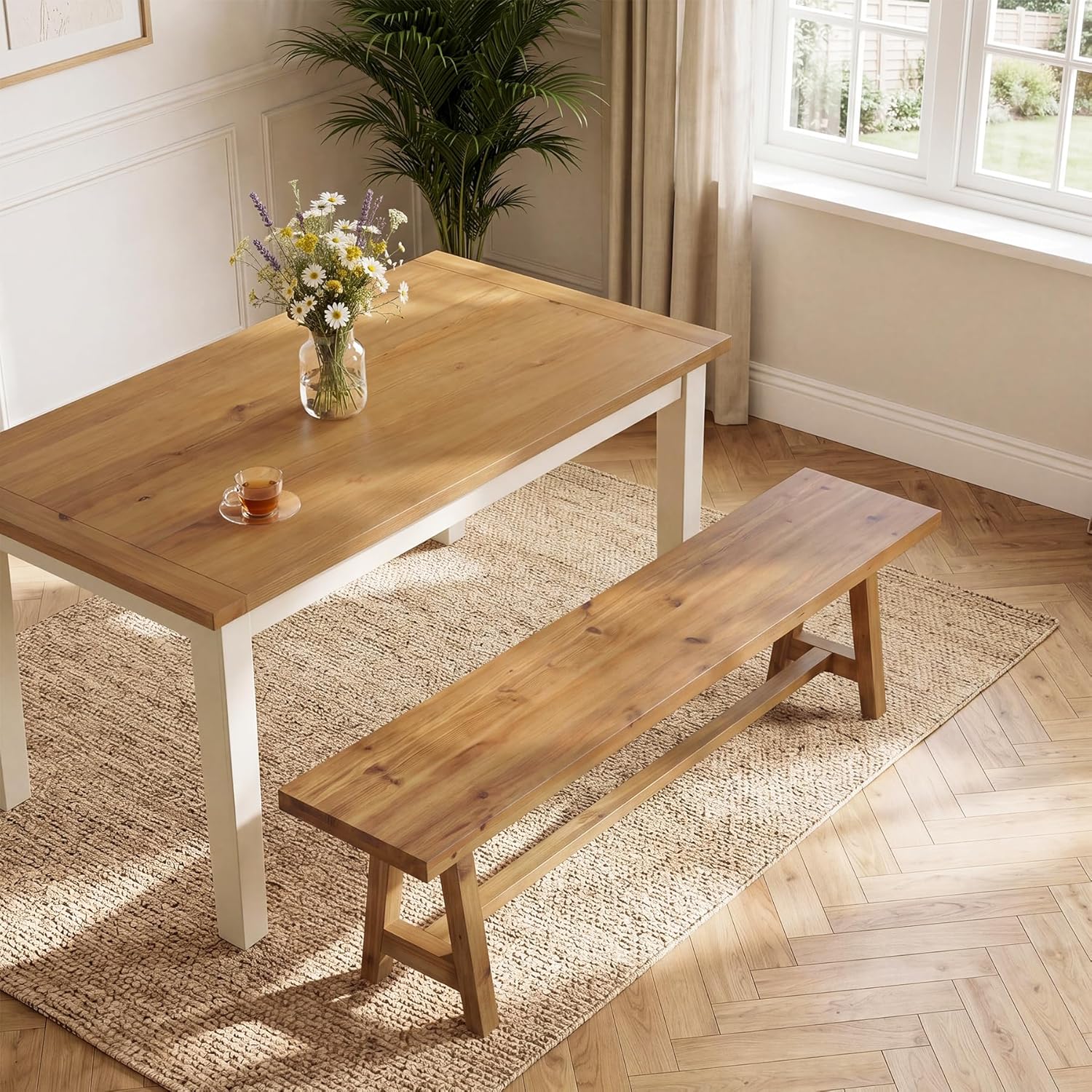 Solid Wood Dining Bench, 63 Inch Long Farmhouse Kitchen Bench for Dining Room, Kitchen, Easy to Assemble, Brown