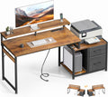 AODK Computer Desk with Printer Storage Shelf, 56 Inch Office Desk with Drawers & Power Outlet, Reversible Desk Space-Saving Workstation with Individual PC Stand, Rustic Brown