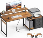 AODK Computer Desk with Printer Storage Shelf, 56 Inch Office Desk with Drawers & Power Outlet, Reversible Desk Space-Saving Workstation with Individual PC Stand, Rustic Brown