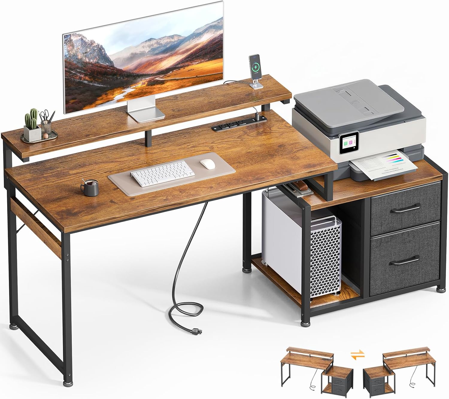 AODK Computer Desk with Printer Storage Shelf, 56 Inch Office Desk with Drawers & Power Outlet, Reversible Desk Space-Saving Workstation with Individual PC Stand, Rustic Brown