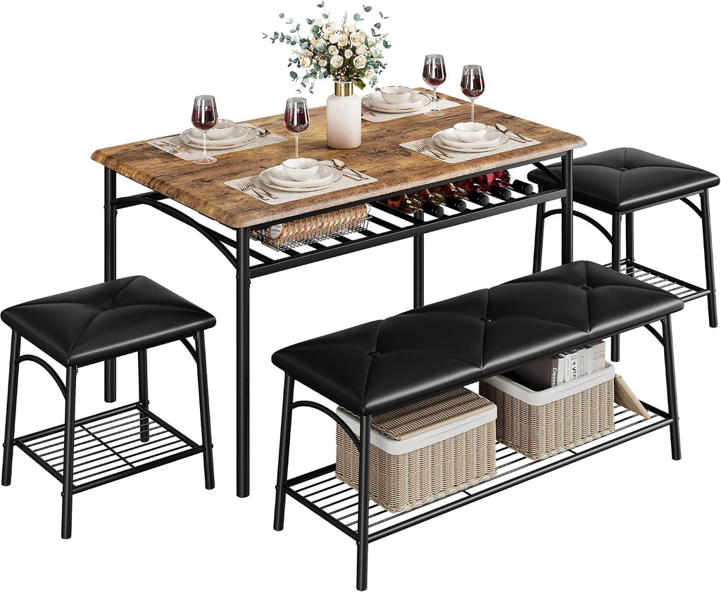 Dining Table Set for 4, Kitchen Table Set with 2 Chairs and 1 Bench, Modern Metal Frame Dining Furniture Set with Storage Rack for Small Space, Apartment, Restaurant
