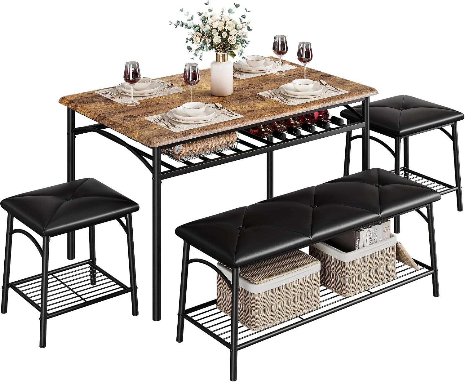 Dining Table Set for 4, Kitchen Table Set with 2 Chairs and 1 Bench, Modern Metal Frame Dining Furniture Set with Storage Rack for Small Space, Apartment, Restaurant