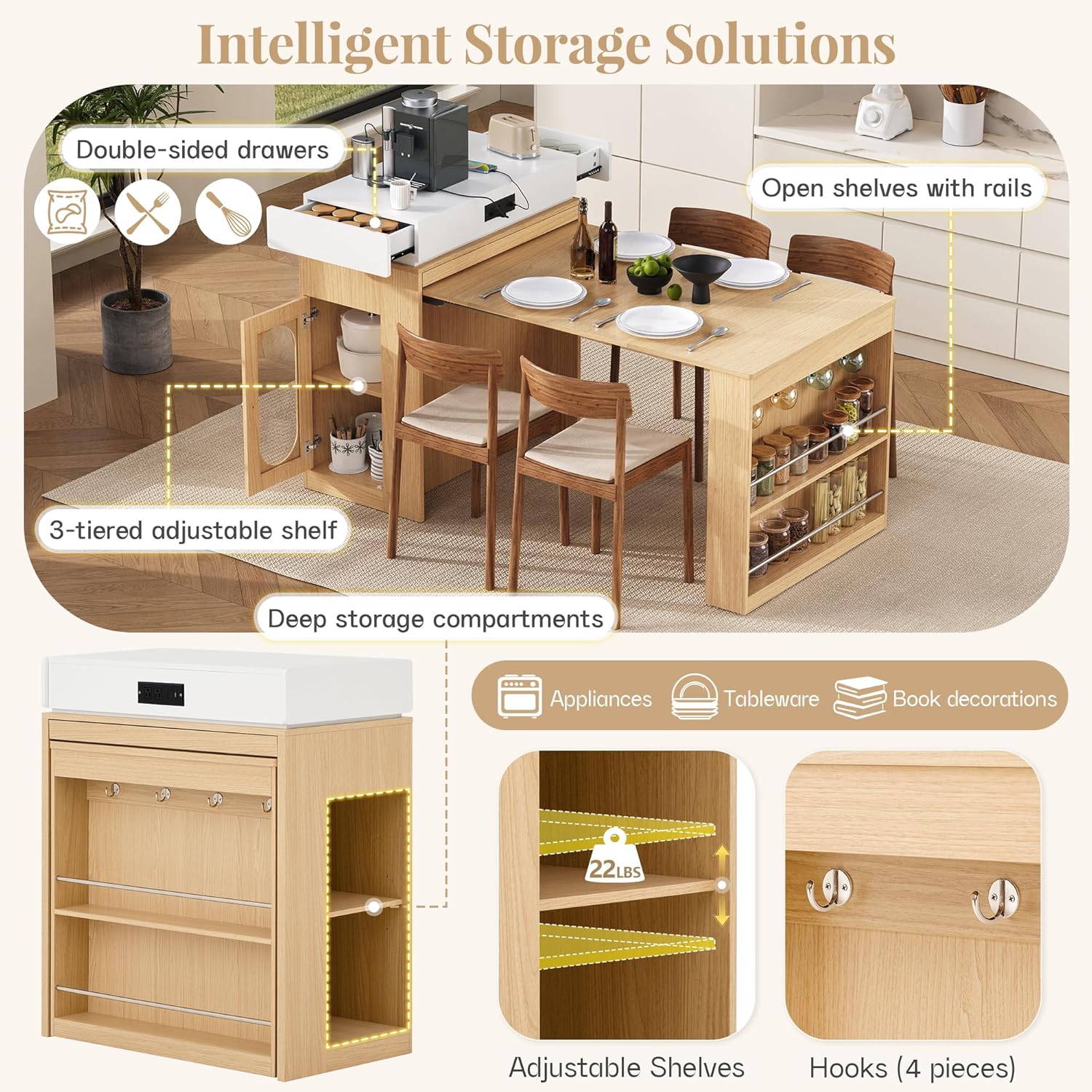 Extendable Dining Table with Storage, Transformer Console Table for 1-4 People, Mobile Rolling Island Table Space Saving Dining Room Table with Built-in Outlet for Homes, Apartments, Natural