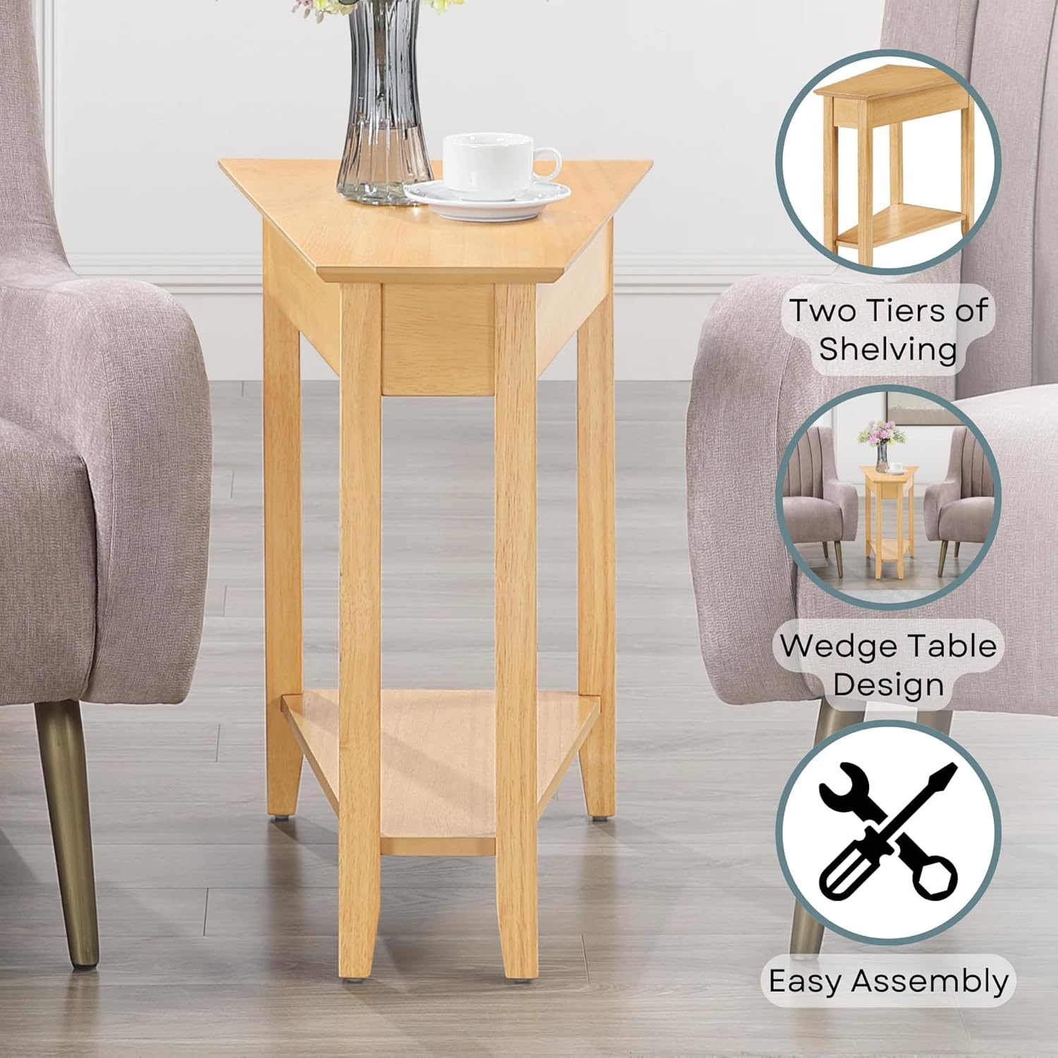 Convenience Concepts American Heritage Wedge End Table 24" - Classic Narrow Chairside Accent with Storage Shelf for Transitional Living Room, Ideal for Corners or in Between Chairs, Honey Oat
