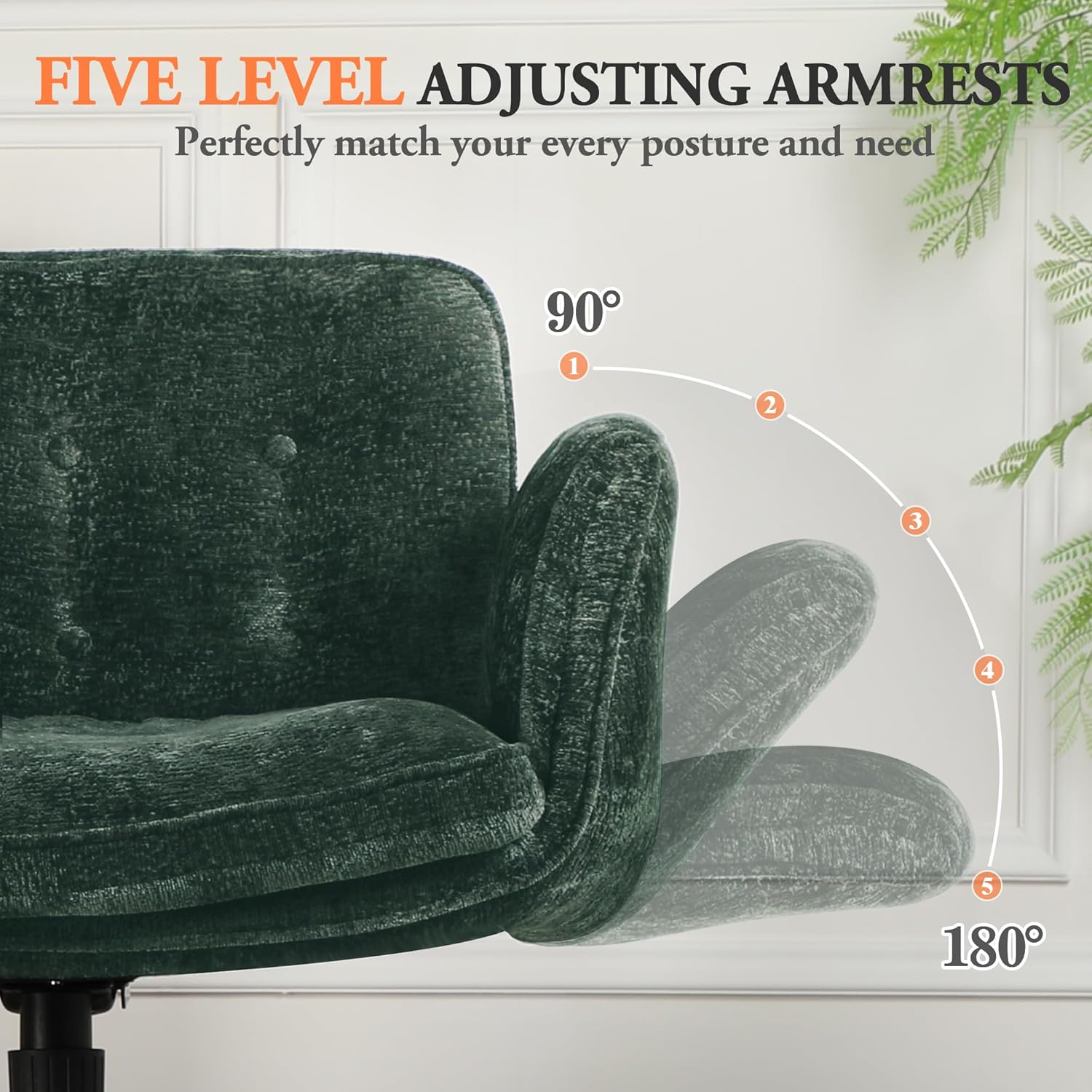 Criss Cross Chair with Lumbar Airbag & Folding Arms Relieve Back Pain, Wide Cross Legged Office Chair for Home Office, Comfy Swivel Desk Chair with Wheels, 5 Level Adjustable Armrest, Chenille(Green)