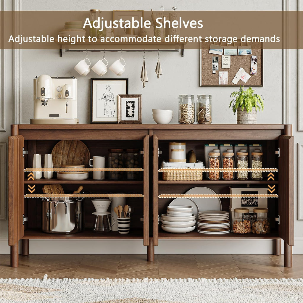 CHUWELL 59" Walnut Sideboard Buffet Cabinet, Mid Century Modern Storage Cabinet with 4 Doors & Adjustable Shelves, Coffee Bar Table with Solid Wood Legs for Dining Room, Living Room