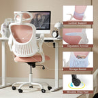 Ergonomic Home Mesh Office Chair-Computer Desk Swivel Reclining Chair with Wheels, Lumbar Support, Comfy Work Gaming Chair for Adults-Adjustable Headrest, Storage Basket for Home Office, Gaming, Pink