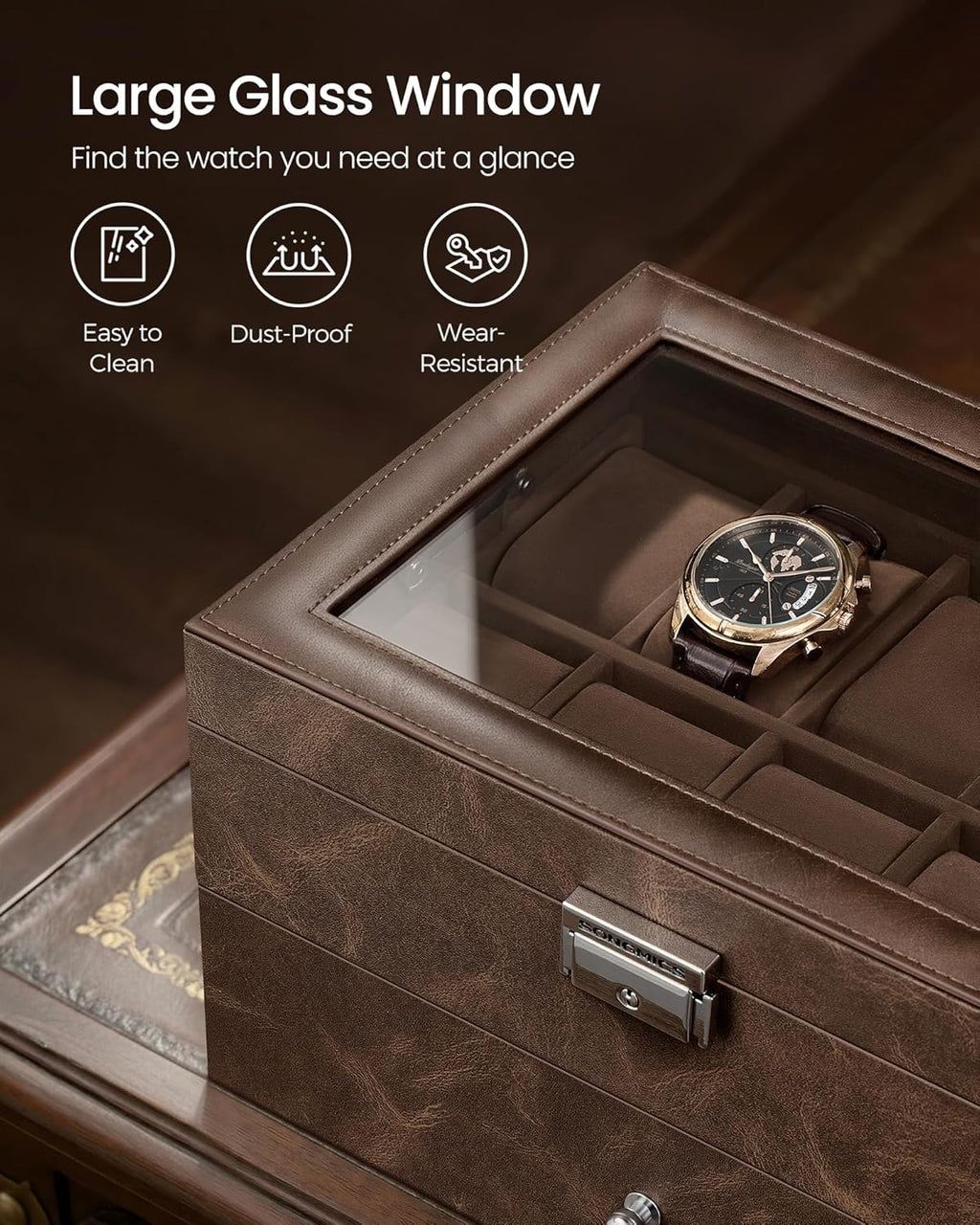 SONGMICS Watch Box, 20-Slot Watch Case Organizer with Large Glass Lid, Removable Pillows, Metal Lock, Fathers Day Gift for Dad, Coffee Brown Synthetic Leather, Coffee Brown Lining UJWB020KZ02S