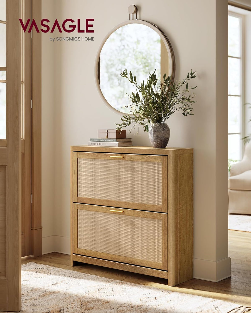 VASAGLE ELLAN Collection - Boho Shoe Storage Cabinet for Entryway Slim, Entry Shoe Cabinet with Rattan-Look Flip Drawers, Rounded Corners, Narrow for Entrance, Natural Brown UHSC601KC01
