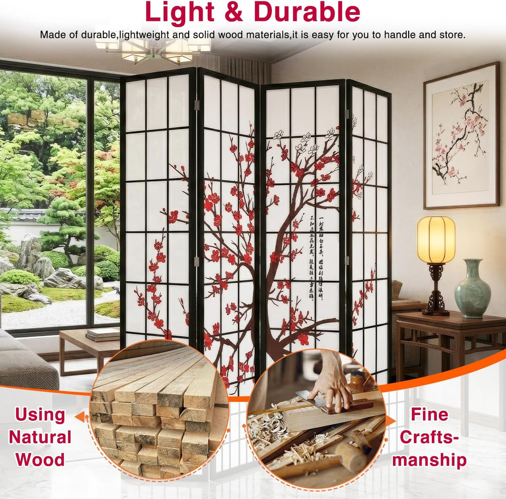 Room Divider,4 Panel Folding Privacy Divider Portable Room Separating Dividers Asian-Style Screen Wall Wood Dividers Tall Freestanding Partition Screen w/Floral Patterned