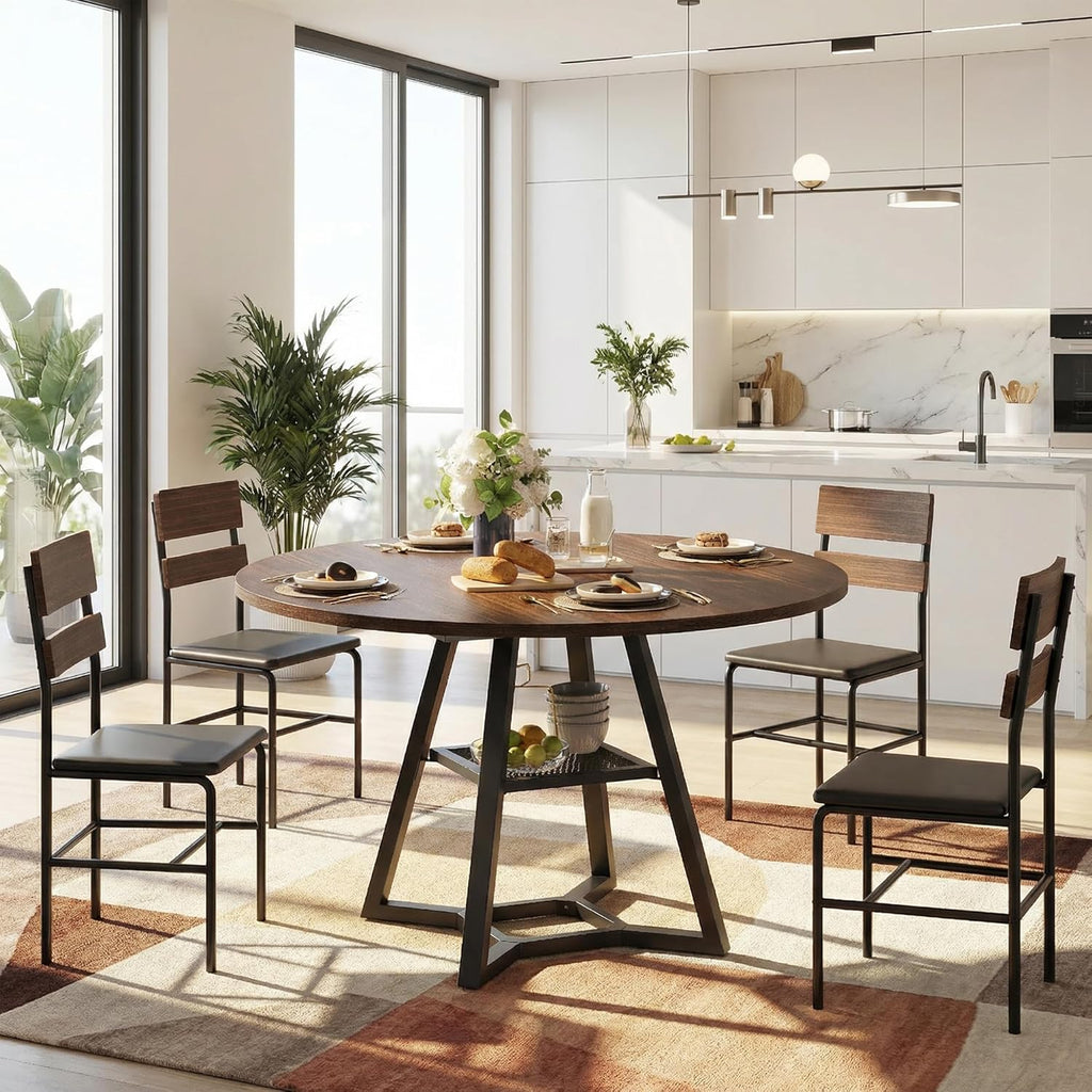 knoworld Round Dining Table for 4-6 with Storage Shelf, Kitchen & Dining Room Circle Pedestal Table, Heavy Duty Metal Frame & Wood Top