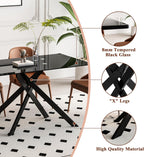 Modern Black Glass Dining Table Set for 6, Glass Kitchen Table and Chairs Set of 6, 7 Piece Dining Table Set with 51" Rectangle Dinner Tables and 6 PU Leather Dining Chairs