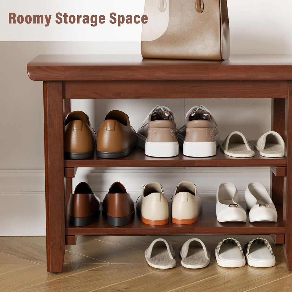 Shoe Rack Bench Mid Century Modern 2-Tier Shoe Rack Organizer for Entryway Hallway or Living Room Farmhouse Rustic Wooden Seat Bench Brown 11.8" Dx39.4 Wx16.5 H