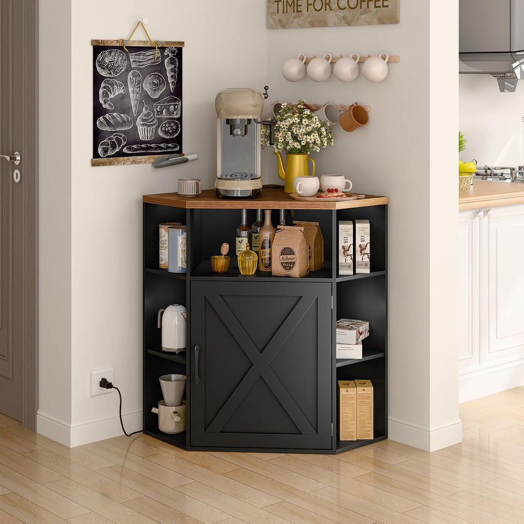 Vabches Corner Cabinet, Corner Storage Shelf with USB Ports and Outlets Industrial Organizer for Small Space Wooden 6-Cubby Bookshelf for Study, Playroom, Living Room (Black and Brown)