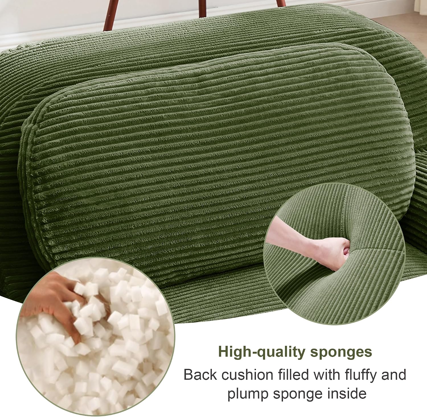 SoarFlash 81” Sectional Cloud Boneless Sofa Couches for Living Room-2 Seater U-Shaped Modern Lounge Couch-No Assembly Modular Corduroy Convertible Sponge Sleeper Sofas with Chaise for Home House,Green