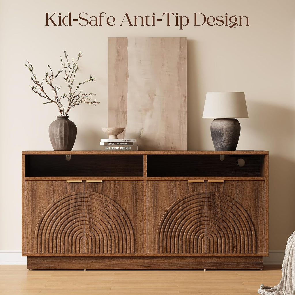 Modern Sideboard Buffet Cabinet with Storage - 58" Fluted Credenza Strorage Cabinet with LED Light & Power Outlet, Adjustable Shelf, Accent Console Table Coffee Bar for Kitchen Living Room