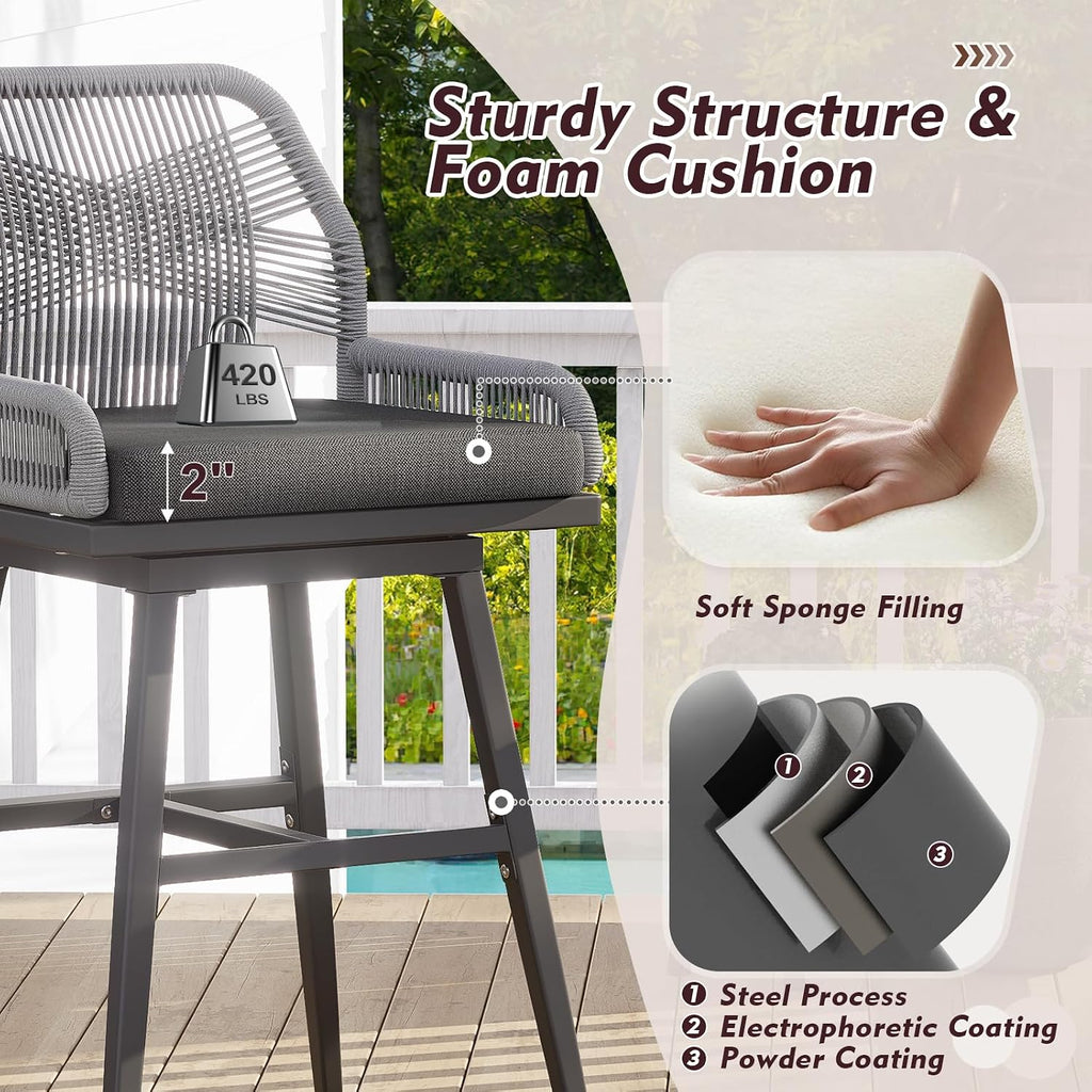 MEISSALIVVE Bar Stools Set of 6, Rattan Counter Height Bar Stools, 26" H Swivel Patio Bar Stools with Boho Woven Rope Back for Kitchen Patio Garden Cushions Included, Grey