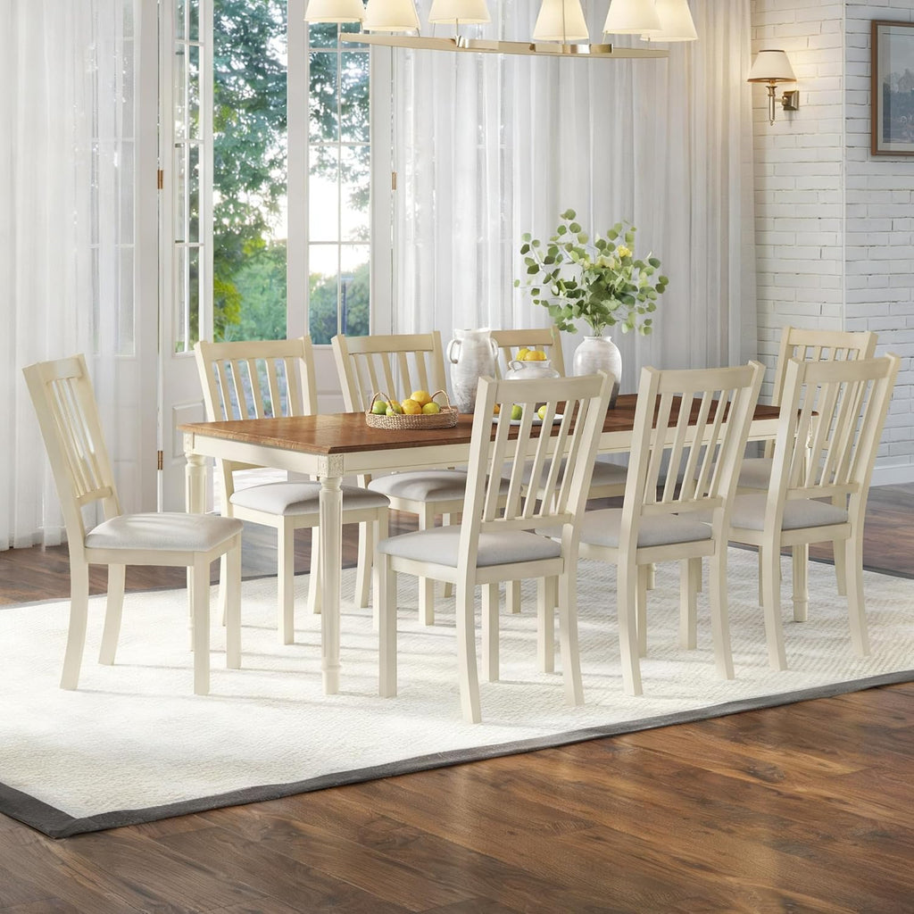 AMERLIFE 9-Piece Farmhouse Dining Table Set for 8, 79" Rectangular Kitchen Table with 8 Upholstered Chairs, Solid Rubberwood Frame, Roman Conical Legs, Rustic Cream