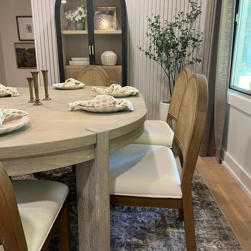 Nathan James Bailey 19 in. Boucle Dining Chair, Upholstered Side Chair with Natural Woven Rattan Back and Solid Wood Legs, Light Brown