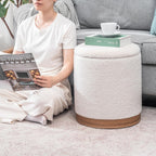 Joveco Round Storage Ottoman with Removable Lid, Boucle Small Upholstered Padded Vanity Foot Rest Stool for Living Room, Bedroom, Dorm, White with Oatmeal Wood Grain Trim
