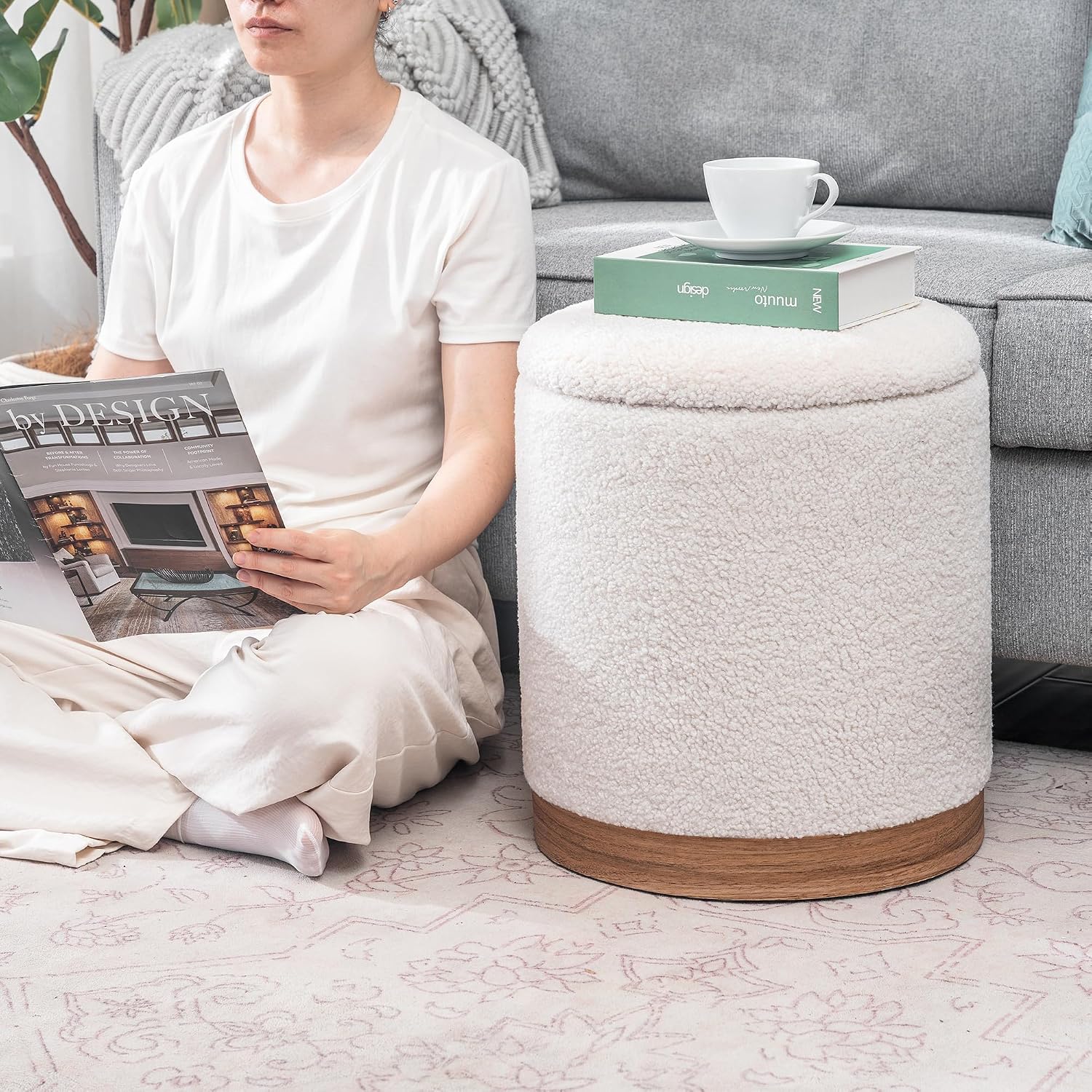 Joveco Round Storage Ottoman with Removable Lid, Boucle Small Upholstered Padded Vanity Foot Rest Stool for Living Room, Bedroom, Dorm, White with Oatmeal Wood Grain Trim