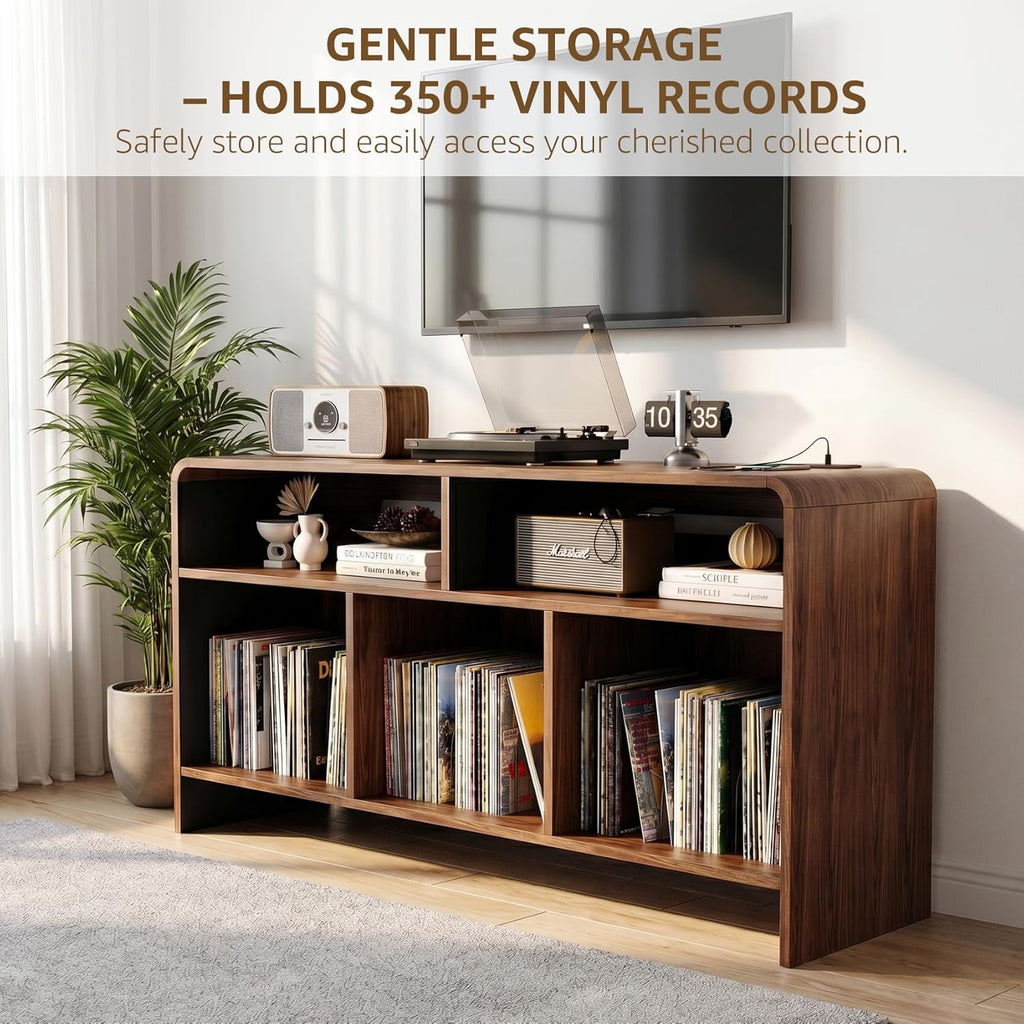 Record Player Stand with Vinyl Storage Cabinet, Turtable Stand Table with Charging Station, Curved Vinyl Record Cabinet for Living Room, Holds Up to 350 Albums