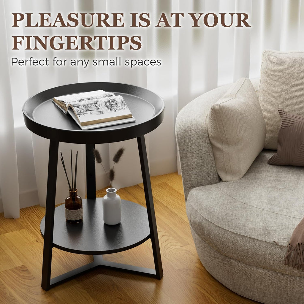 Gadroad Round End Table with Charging Station, Wood Tabletop & Black Metal Frame, 2 Tier Farmhouse Side Table Nightstand for Living Room, Bedroom, Black 15.7 * 15.7 * 23.0inches