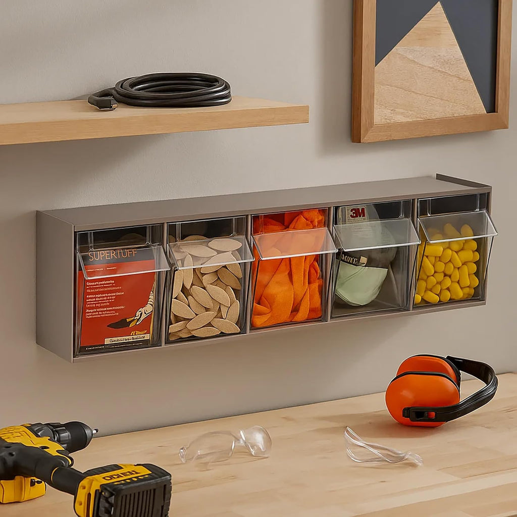 Akro-Mils TiltView Plastic Storage Cabinet with 5 Tilt Out Bins, Horizontal Plastic Parts Organizer, Teacher Toolbox, and Office Supply Organizer, 23-5/8" W x 6-1/2" H x 5-5/8" D, Mocha Raspberry